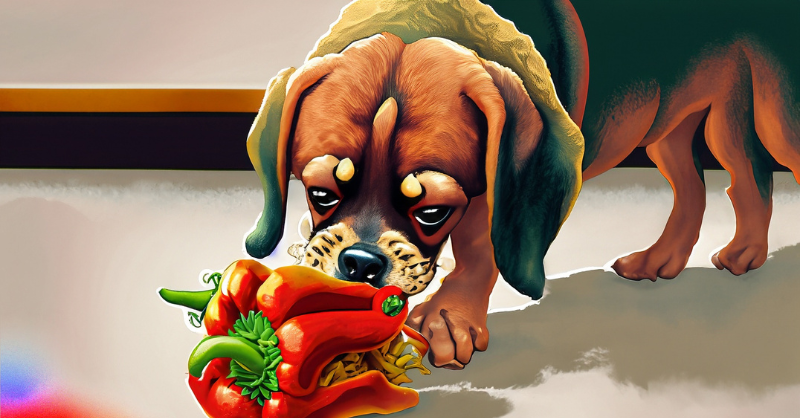 A dog eating Bell Peppers